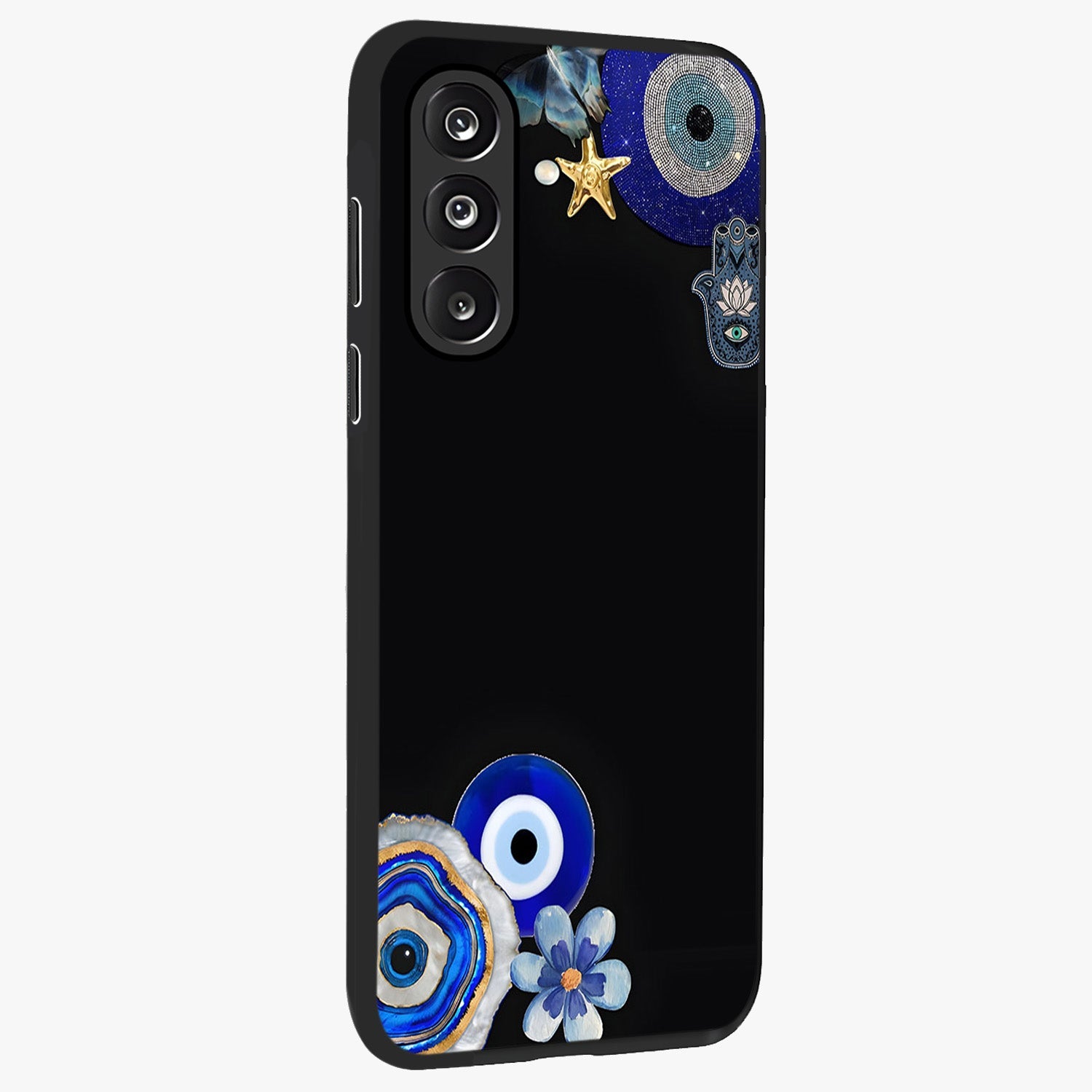 Aesthetic Blue Evil Eye Glass Case upright view showcasing mystical evil eye graphic with minimal aesthetic style.