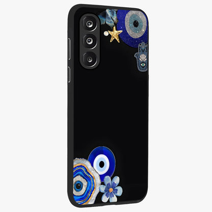 Aesthetic Blue Evil Eye Glass Case upright view showcasing mystical evil eye graphic with minimal aesthetic style.