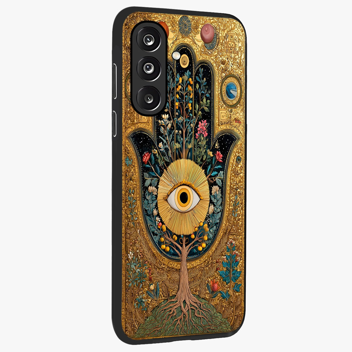 Ethereal Evil Eye Glass Case upright view showcasing celestial evil eye artwork with mystical theme.