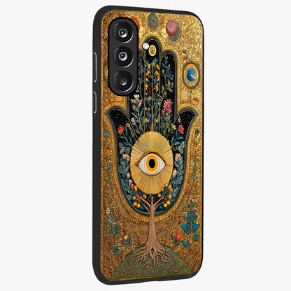 Ethereal Evil Eye Glass Case upright view showcasing celestial evil eye artwork with mystical theme.
