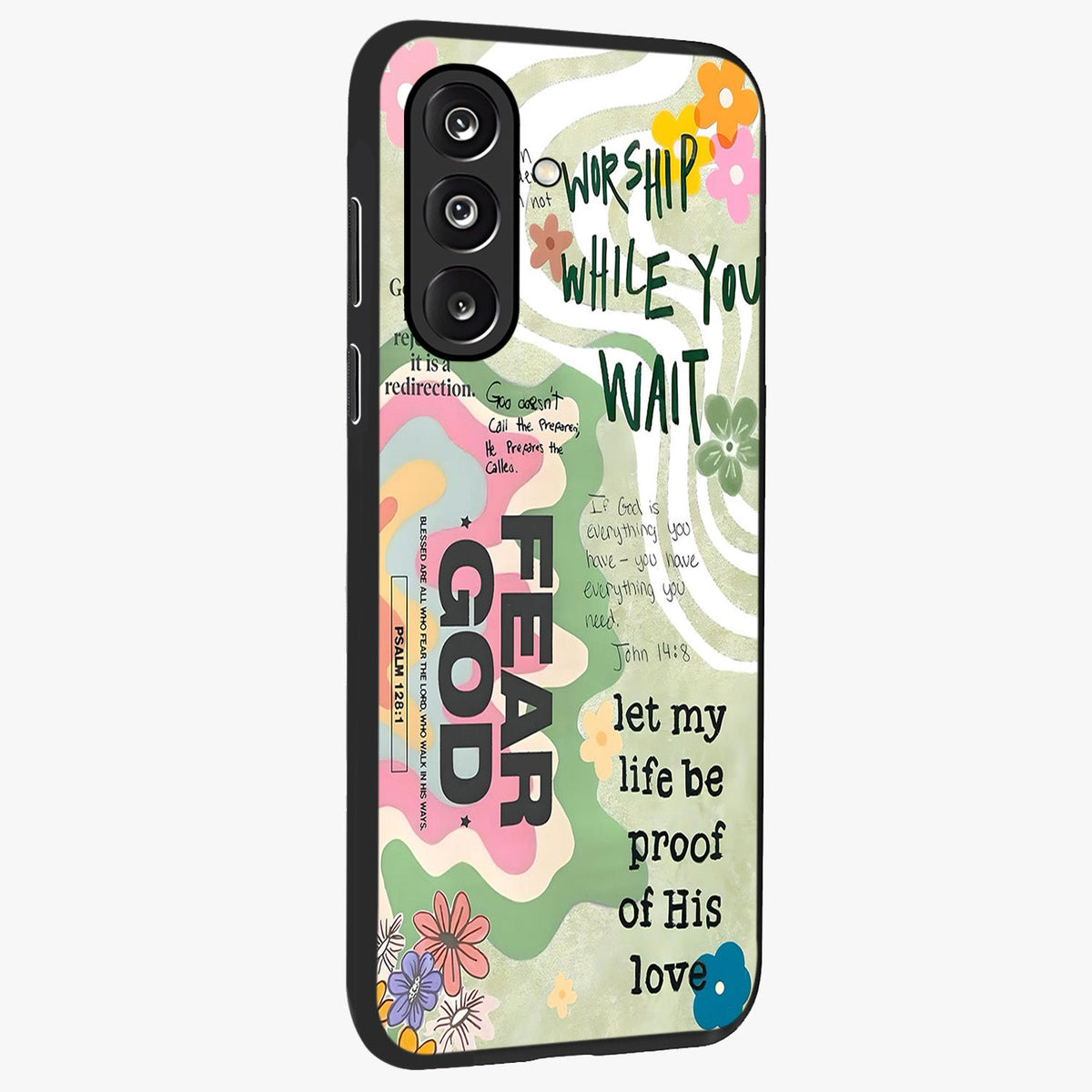 Faith Over Fear Glass Case upright view showcasing bold typography artwork with uplifting motivational theme.