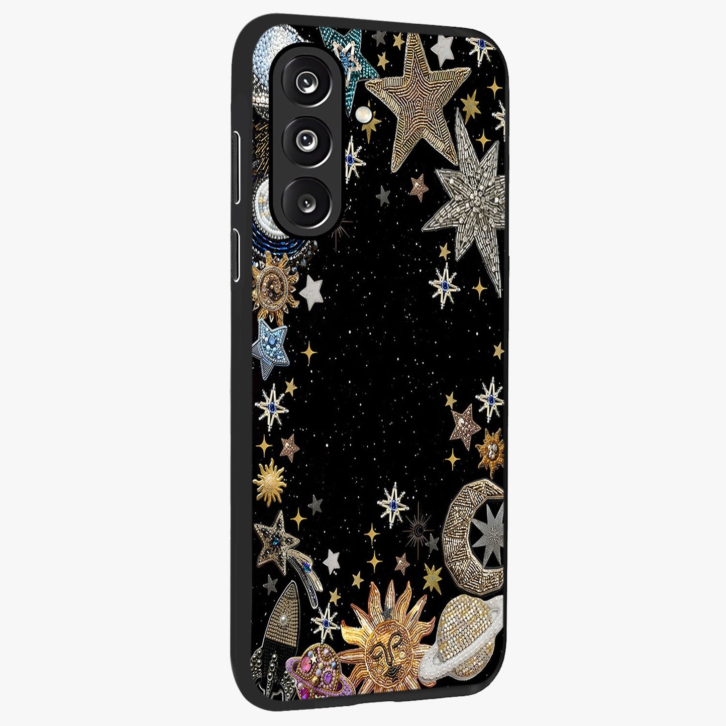 Galactic Jewel Stars Glass Case upright view showcasing glittering star jewel artwork with vibrant galaxy theme.
