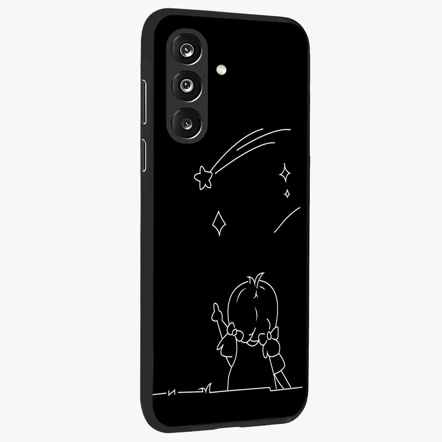 Line Art Girl With Shooting Stars Glass Case upright view showcasing delicate shooting stars artwork with minimal artistic theme.