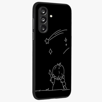 Line Art Girl With Shooting Stars Glass Case upright view showcasing delicate shooting stars artwork with minimal artistic theme.