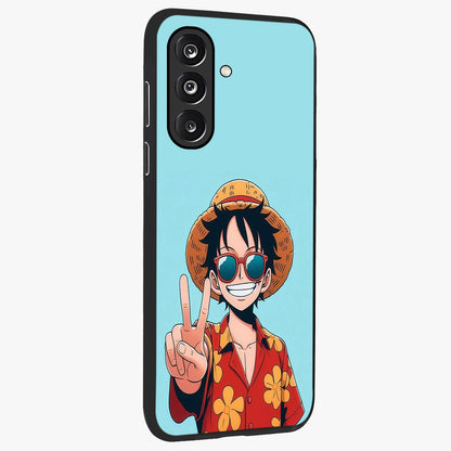 Luffy Summer Anime Vibe Glass Case upright view showcasing dynamic anime artwork with bright adventurous theme.