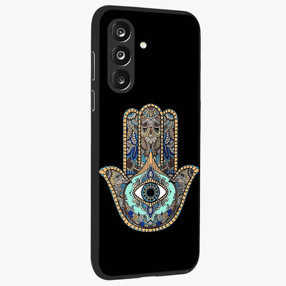 Mystic Hamsa Eye Glass Case upright view showcasing detailed hamsa eye artwork with protective spiritual theme.