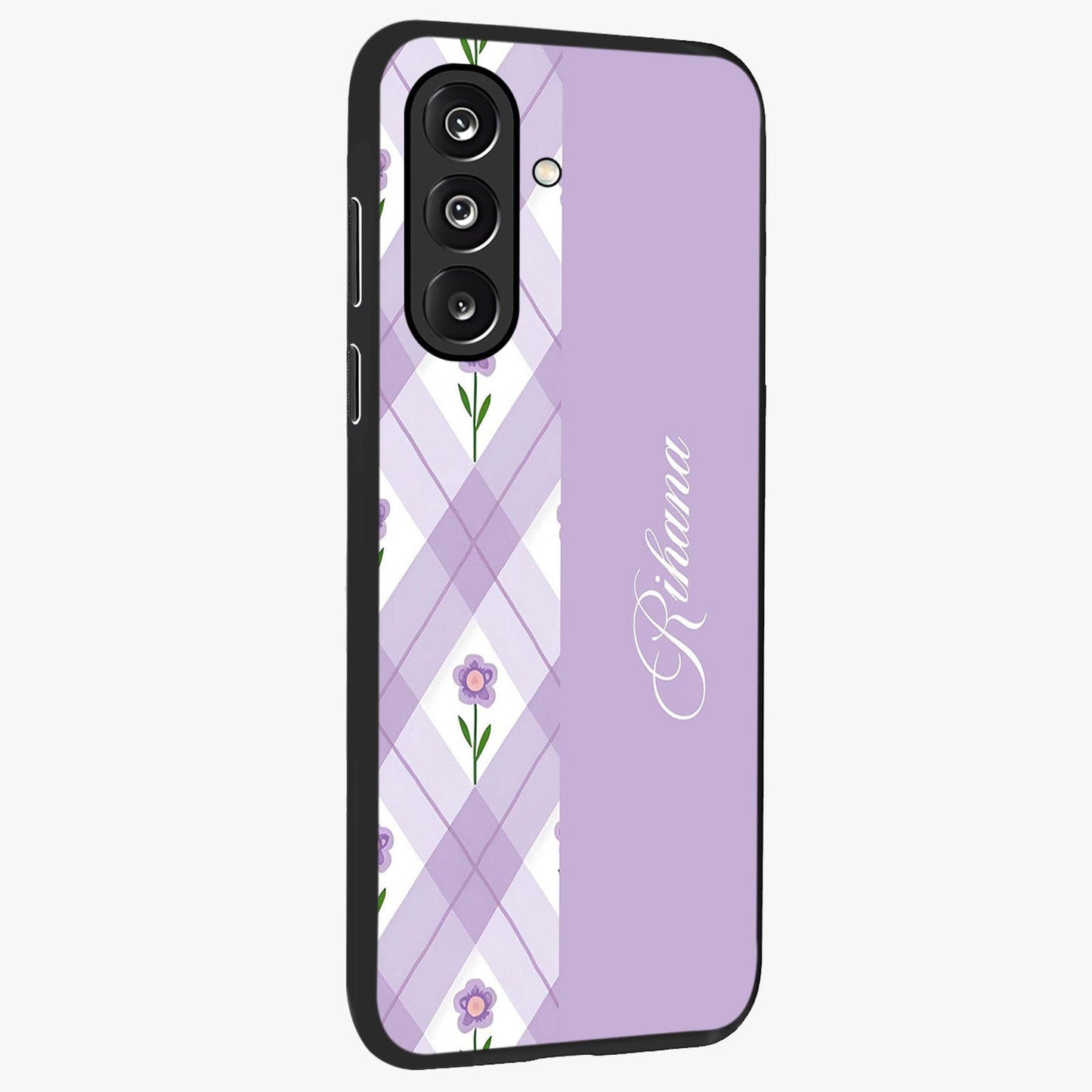 Purple Diamond Floral Glass Case upright view showcasing vibrant floral artwork with stylish geometric theme.
