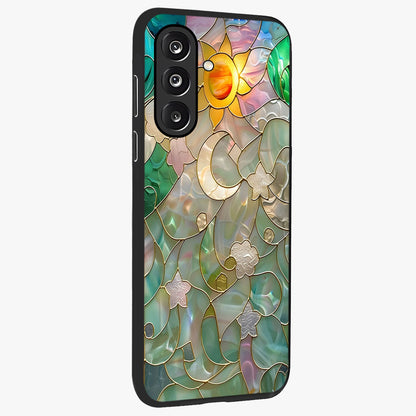 Stained Sunrise Glow Glass Case upright view showcasing colorful sunrise artwork with warm morning theme.