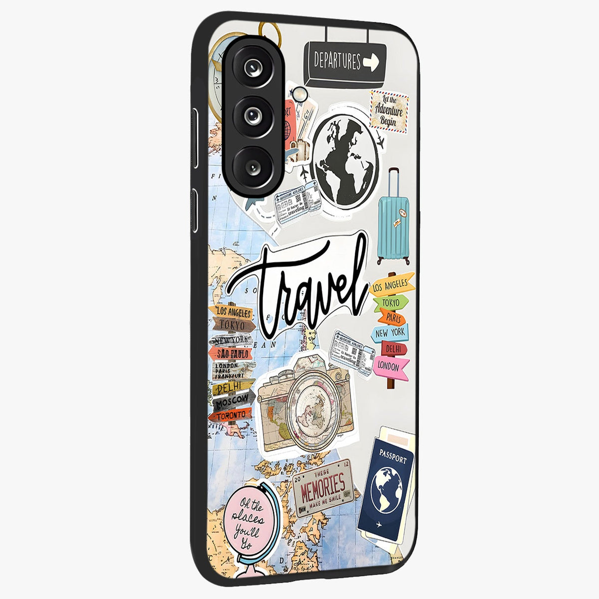 Wanderlust Journal Glass Case upright view showcasing wanderlust inspired artwork with creative exploration theme.