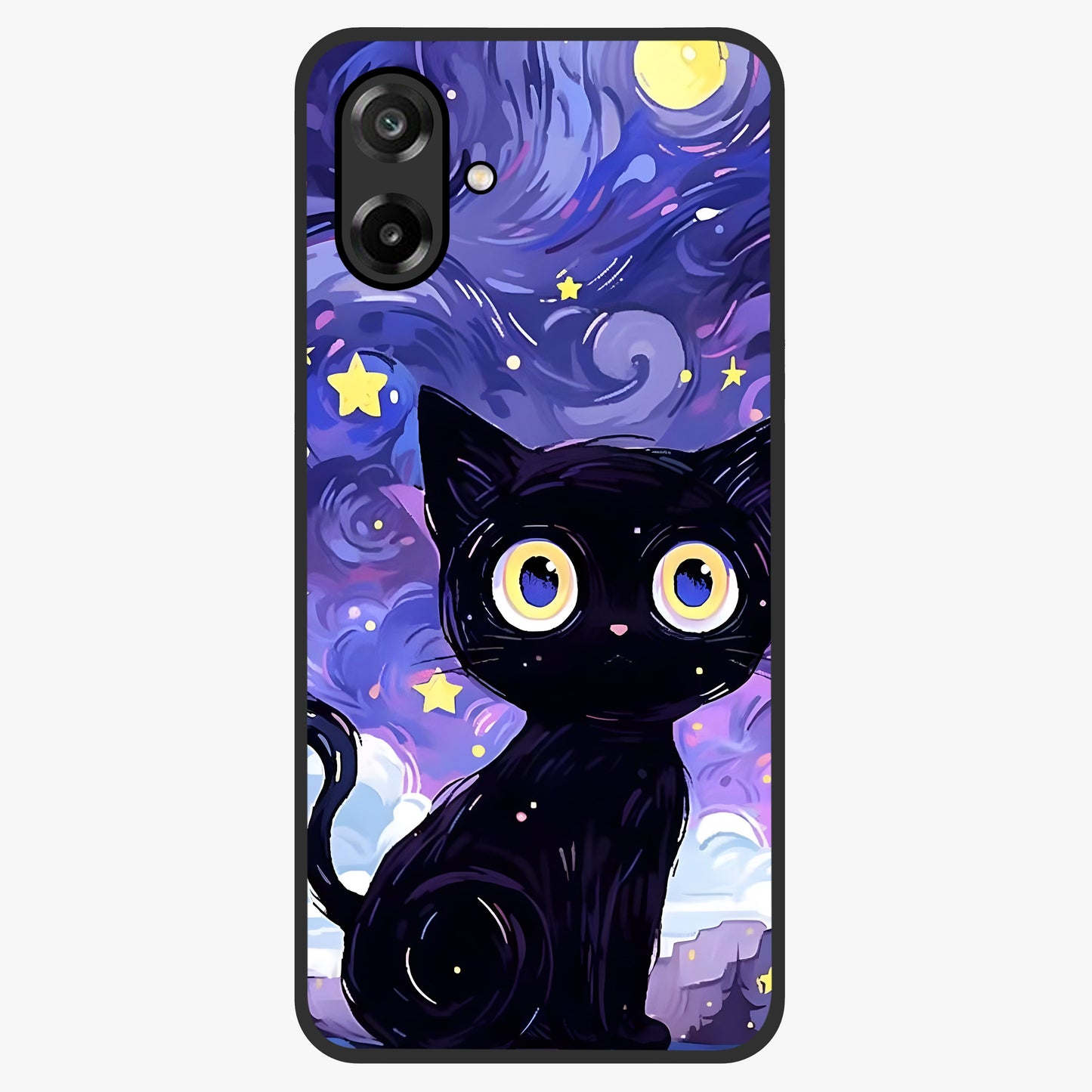 Abstract Cat Art Glass Case showing flat back view with artistic cat illustration and glossy glass finish.