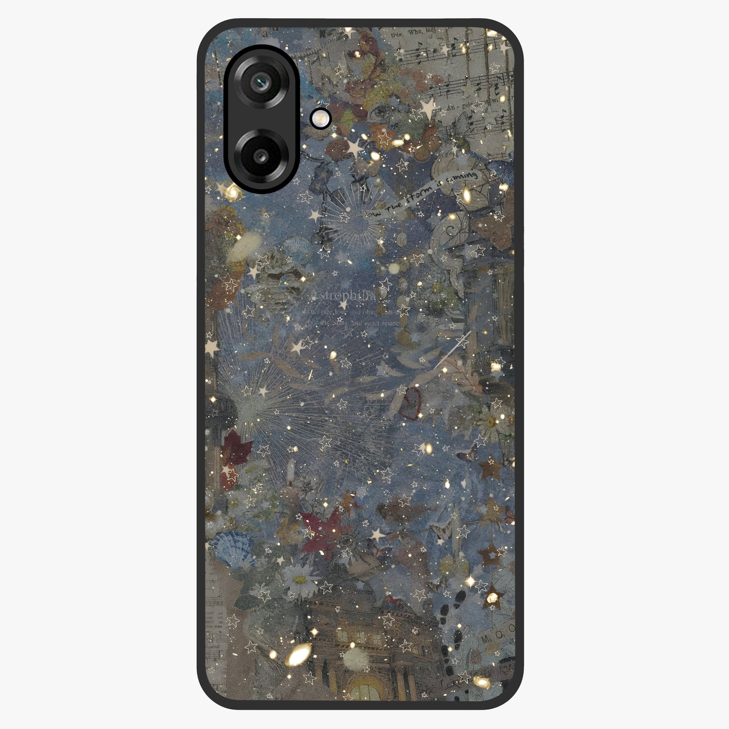 Aesthetic Astrolophia Glass Case showing flat back view with dreamy aesthetic design and glossy glass finish.
