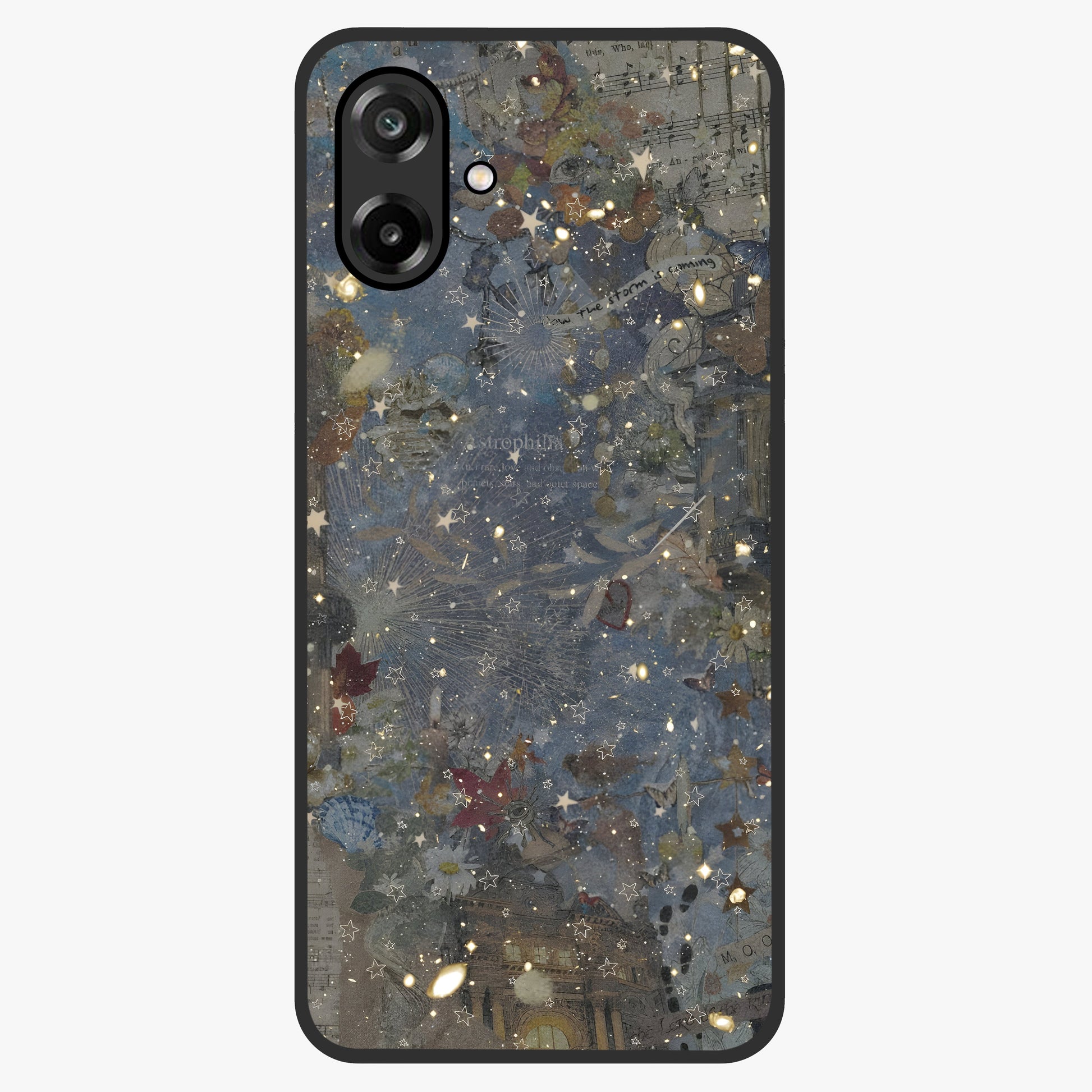 Aesthetic Astrolophia Glass Case showing flat back view with dreamy aesthetic design and glossy glass finish.
