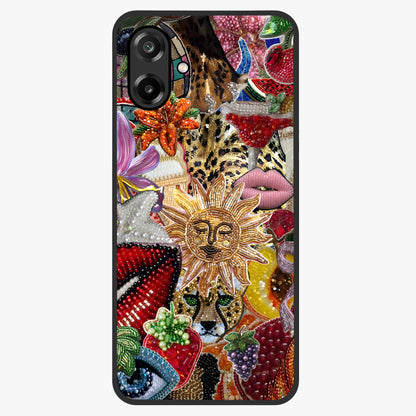 Beaded Fashion Jungle Glass Case showing flat back view with vibrant jungle inspired bead artwork and glossy glass finish.