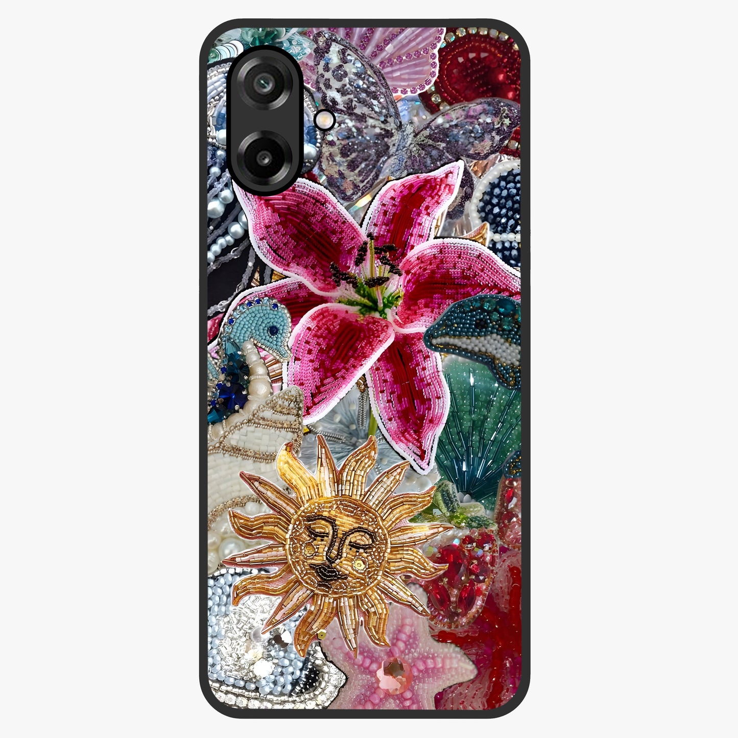 Beaded Garden Fantasy Glass Case showing flat back view with dreamy garden bead artwork and glossy glass finish.
