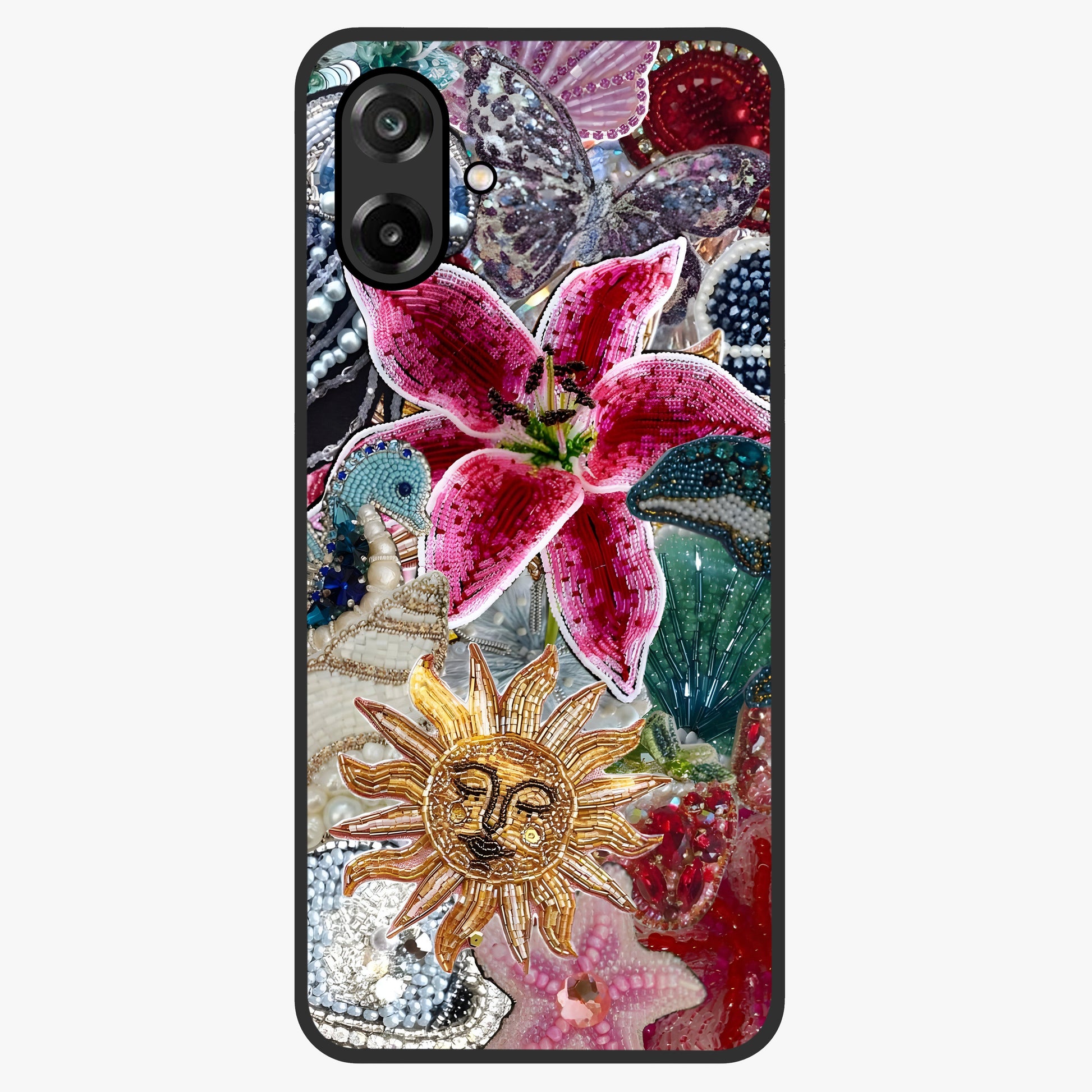 Beaded Garden Fantasy Glass Case showing flat back view with dreamy garden bead artwork and glossy glass finish.