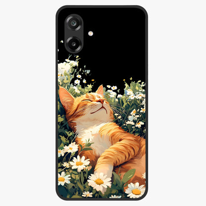 Blissful Bloom Cat Glass Case showing flat back view with cute cat and floral bloom artwork and glossy glass finish.