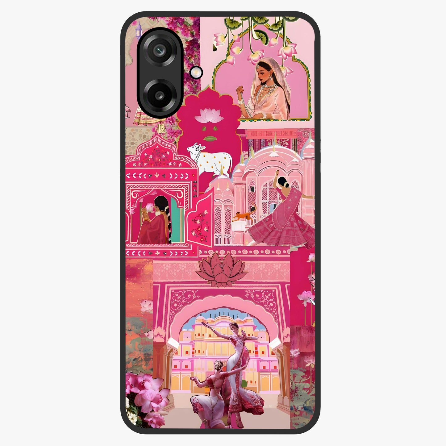 Blossoms of Rajasthan Glass Case showing flat back view with traditional floral artwork inspired by Rajasthan and glossy glass finish.