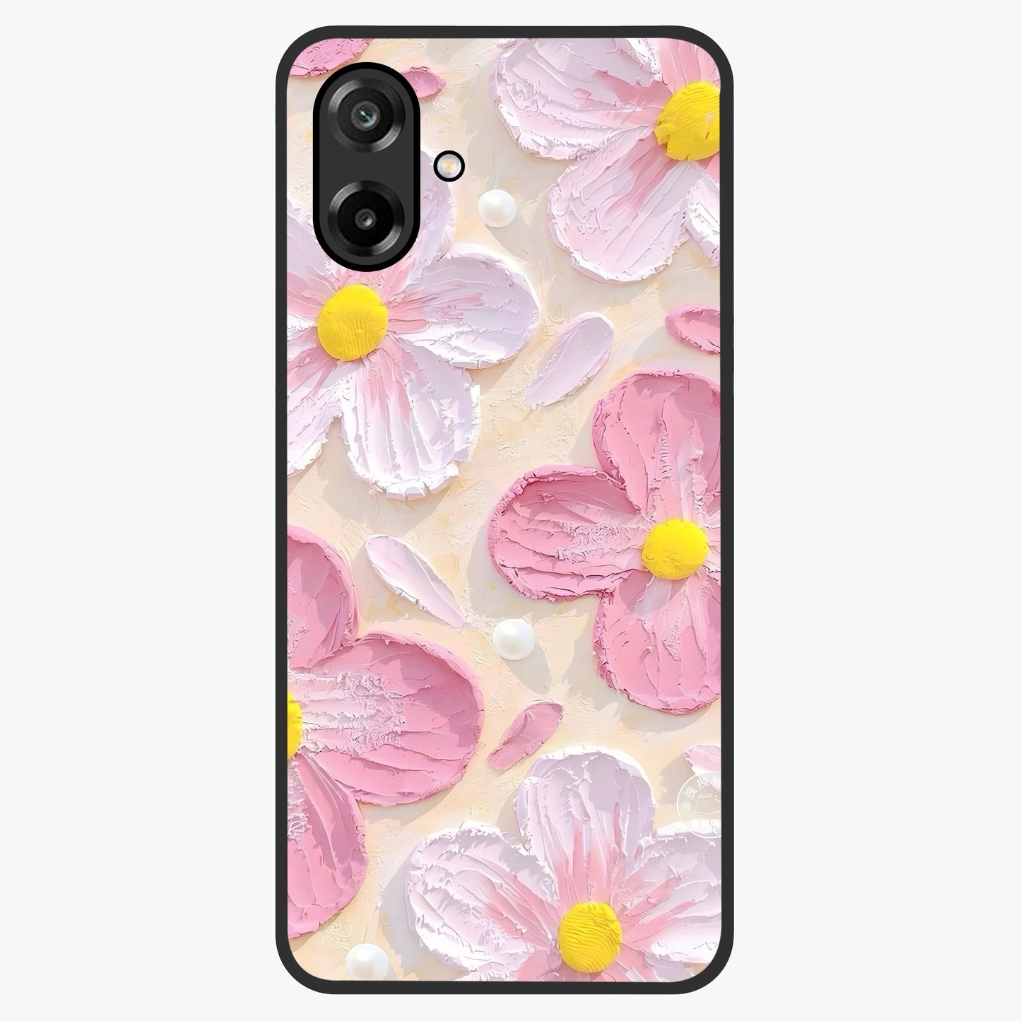 Blush Bloom Texture Glass Case showing flat back view with soft blush floral texture artwork and glossy glass finish.