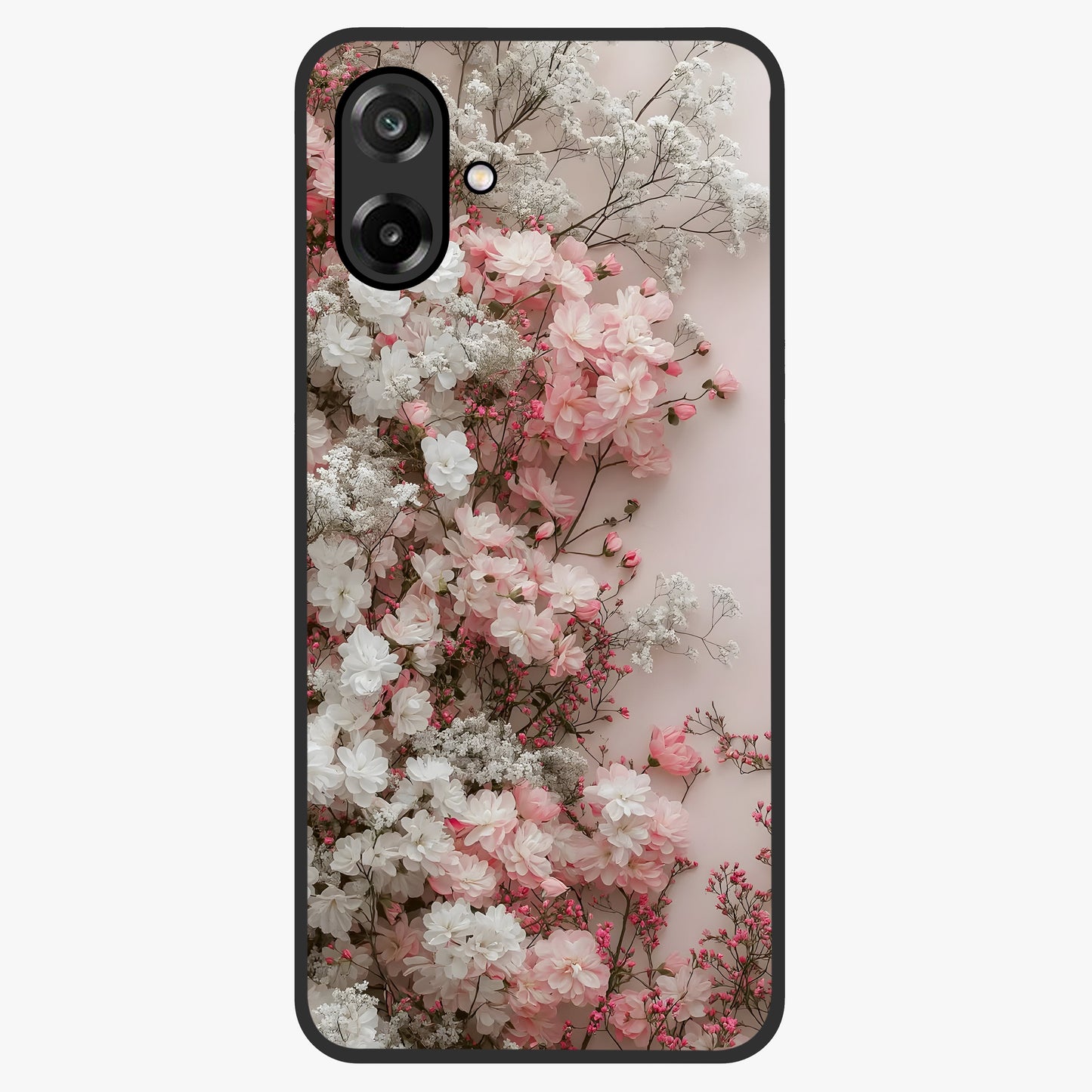 Blush Blossom Cloud Glass Case showing flat back view with dreamy blush cloud blossom artwork and glossy glass finish.