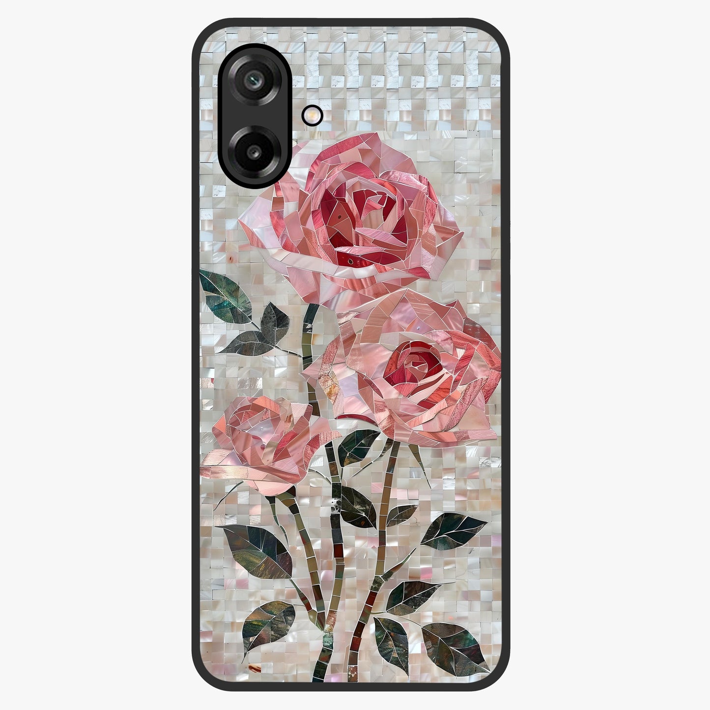 Blush Mosaic Bloom Glass Case showing flat back view with mosaic floral bloom artwork and glossy glass finish.