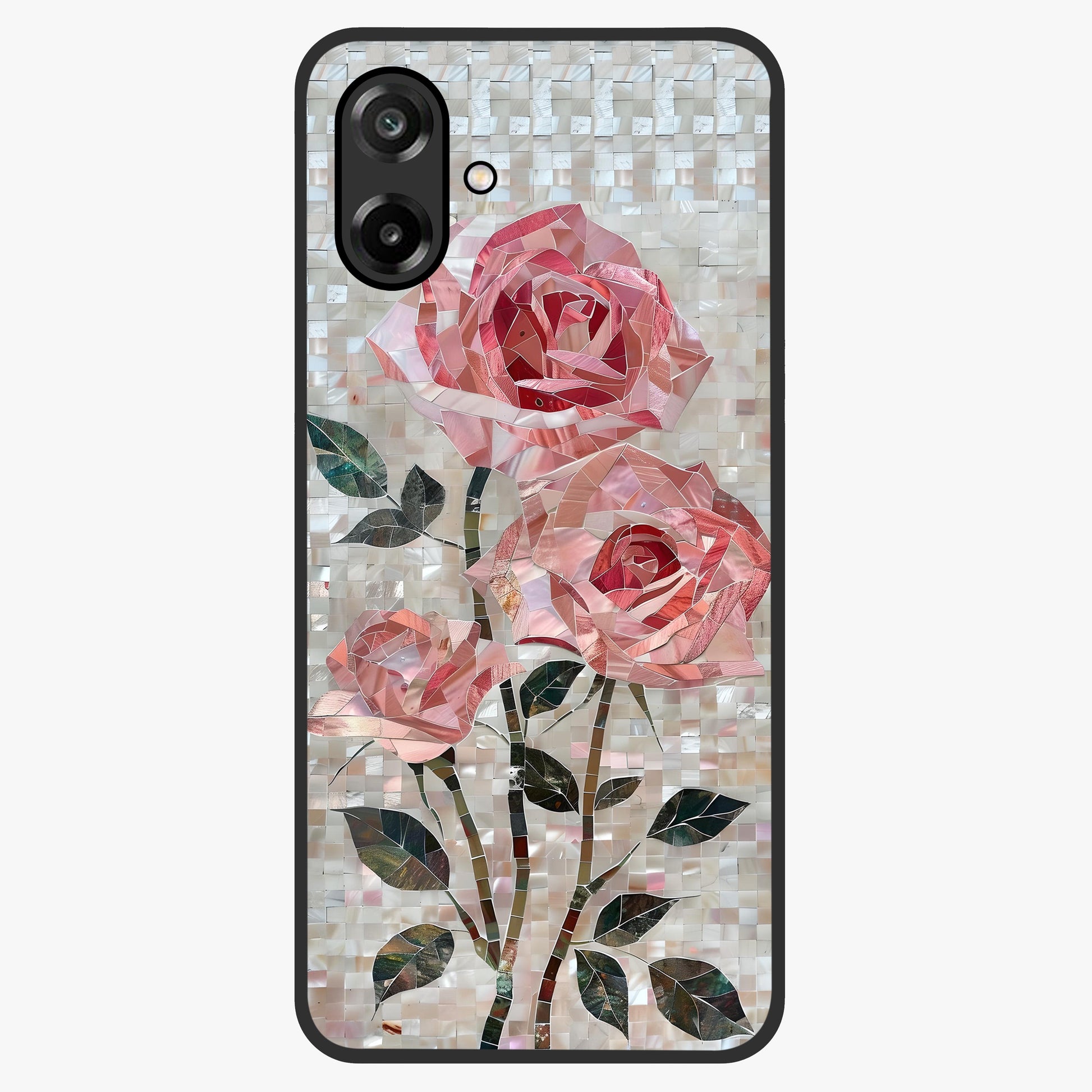 Blush Mosaic Bloom Glass Case showing flat back view with mosaic floral bloom artwork and glossy glass finish.