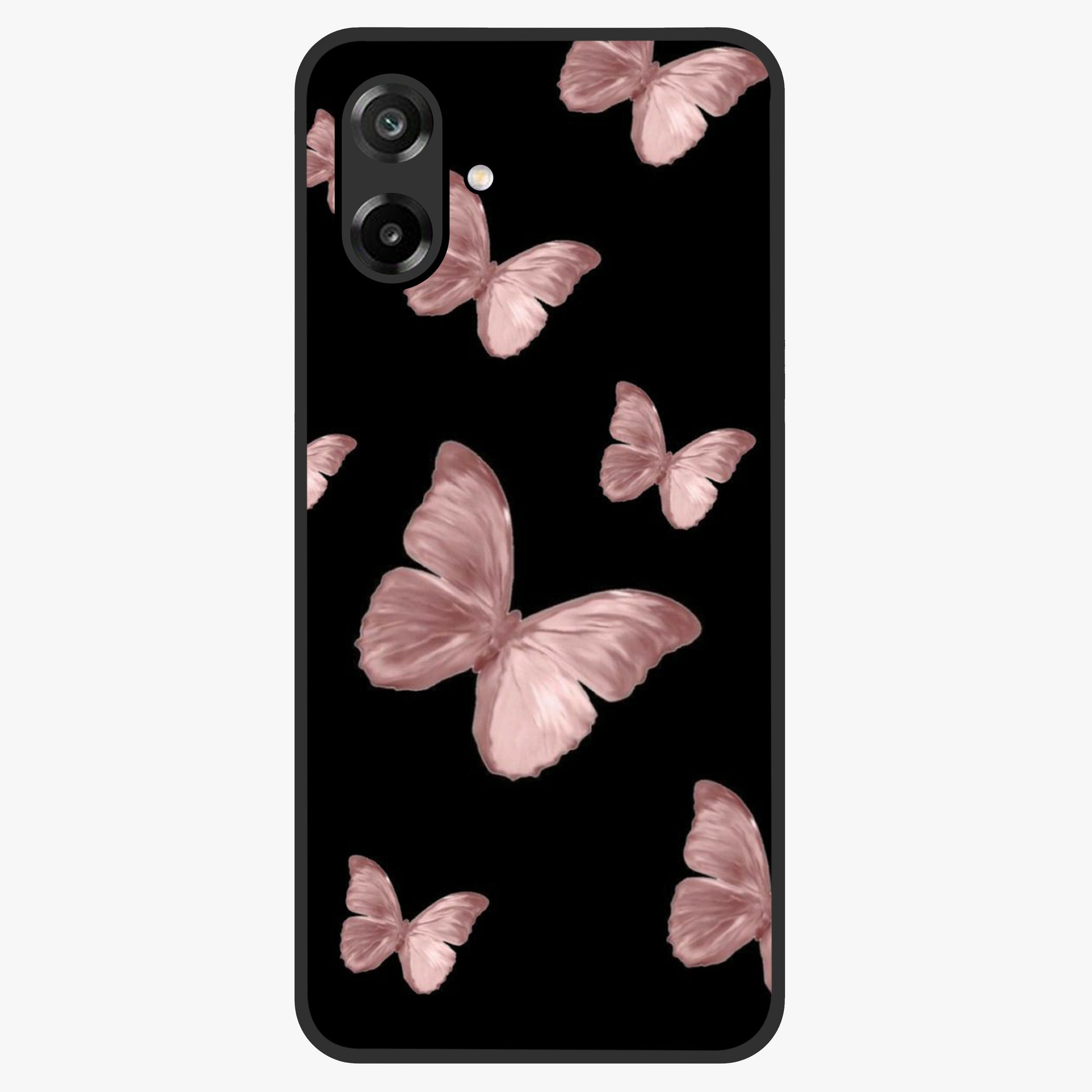 Butterfly Pattern Glass Case showing flat back view with elegant butterfly pattern artwork and glossy glass finish.
