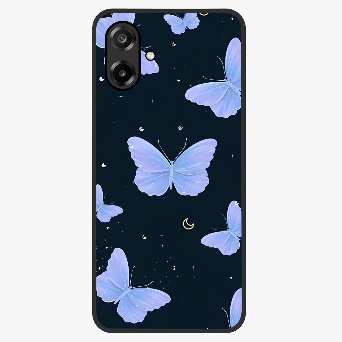 Butterfly With Stars Pattern Glass Case showing flat back view with butterfly and star pattern artwork and glossy glass finish.