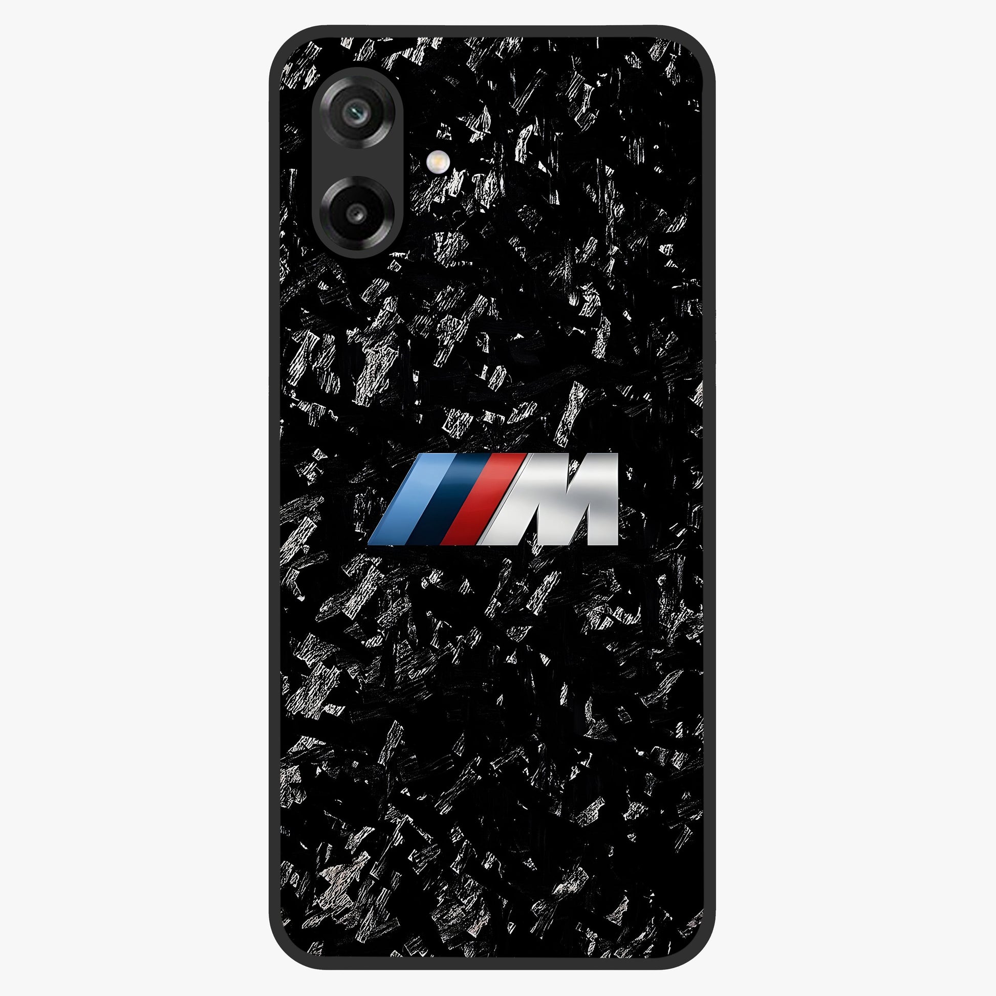 Carbon Speed Mark Glass Case showing flat back view with sporty carbon pattern artwork and glossy glass finish.
