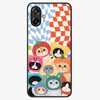 Cats in Fruits Glass Case showing flat back view with playful cat illustrations inside fruit artwork and glossy glass finish.