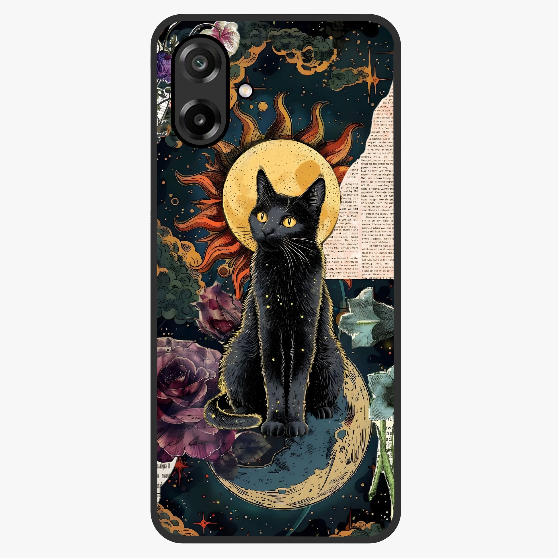 Celestial Black Cat Glass Case showing flat back view with mystical black cat artwork and glossy glass finish.