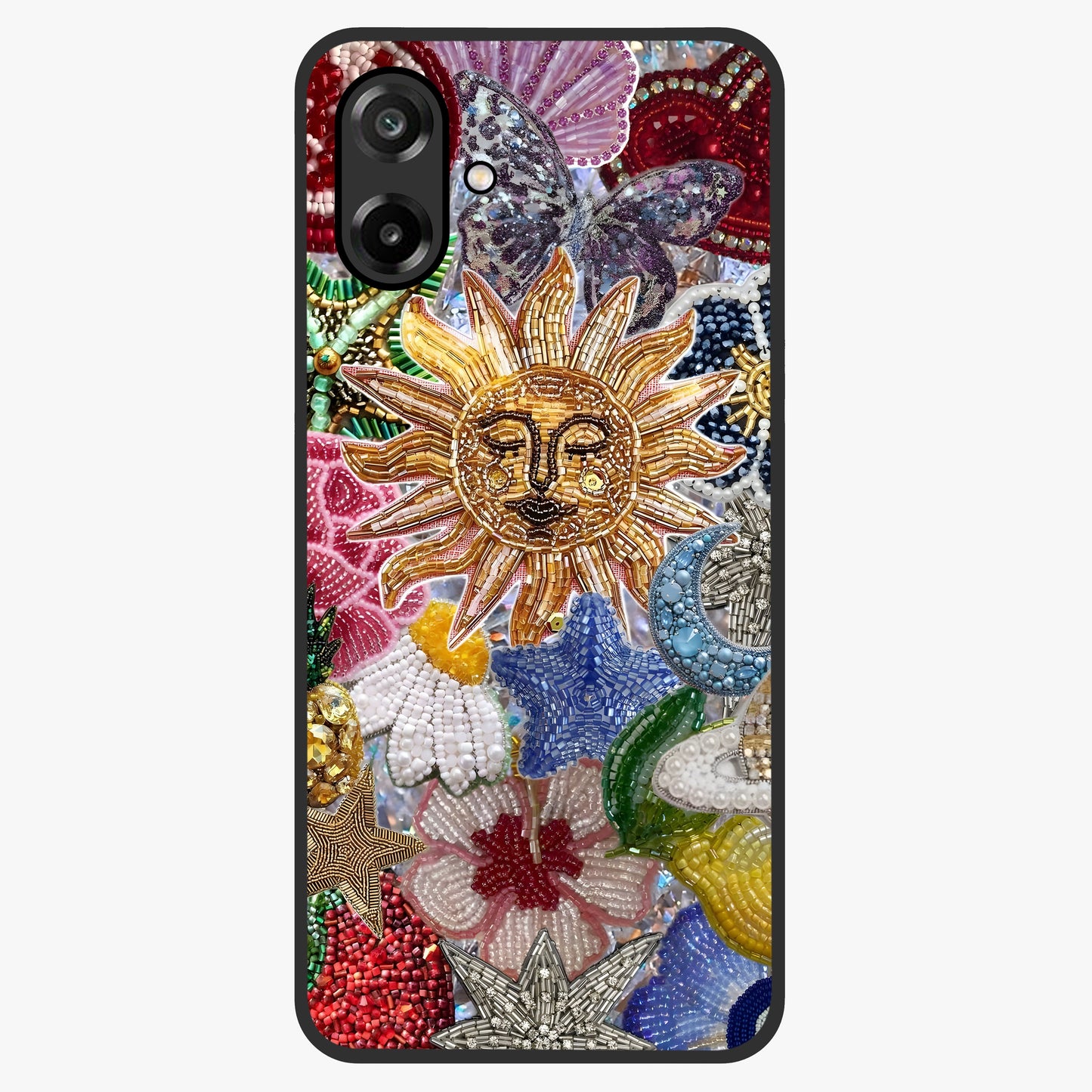 Celestial Floral and Playful Glass Case showing flat back view with floral and celestial themed artwork and glossy glass finish.