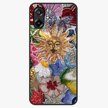 Celestial Floral and Playful Glass Case showing flat back view with floral and celestial themed artwork and glossy glass finish.