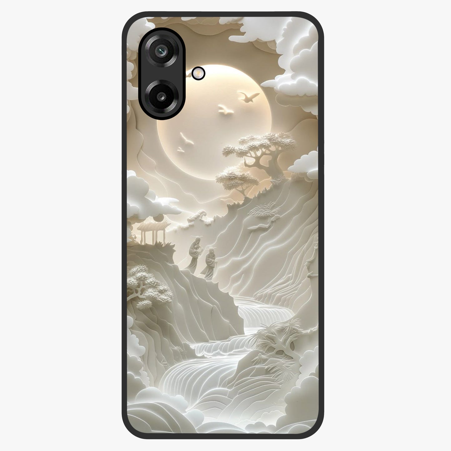 Celestial Origami Glass Case showing flat back view with artistic origami inspired celestial artwork and glossy glass finish.