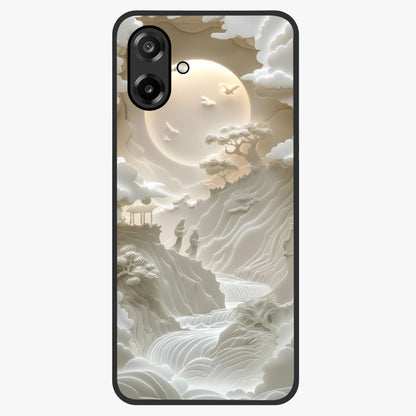 Celestial Origami Glass Case showing flat back view with artistic origami inspired celestial artwork and glossy glass finish.