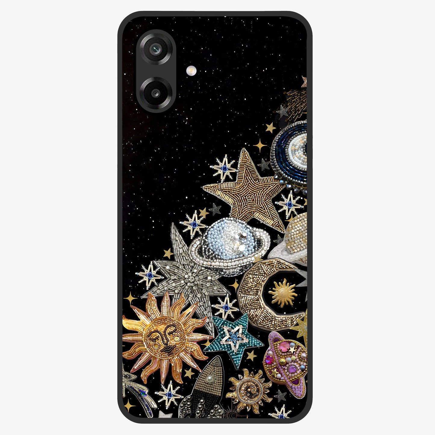 Cosmic Sparkle Dreams Glass Case showing flat back view with sparkling cosmic artwork and glossy glass finish.