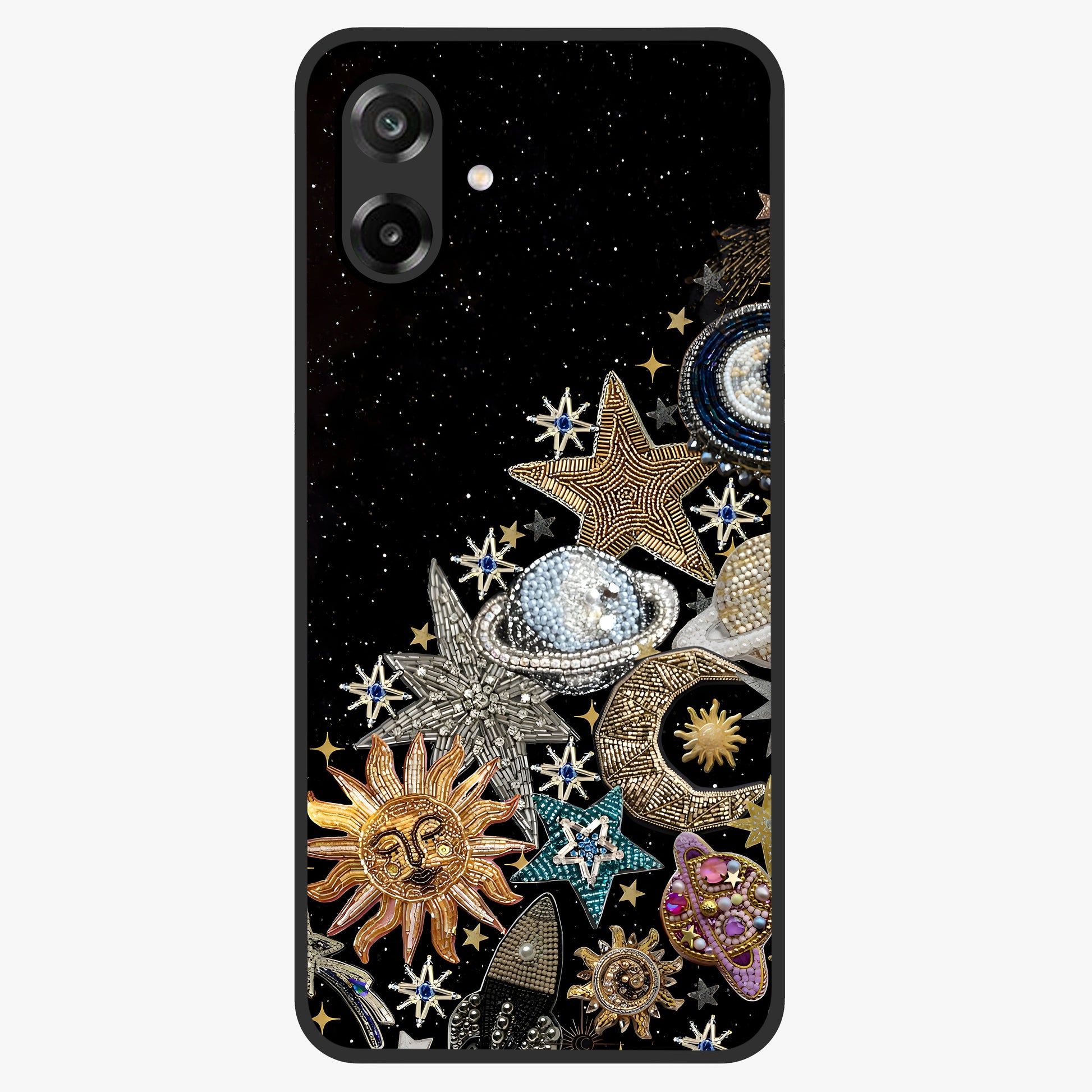 Cosmic Sparkle Dreams Glass Case showing flat back view with sparkling cosmic artwork and glossy glass finish.