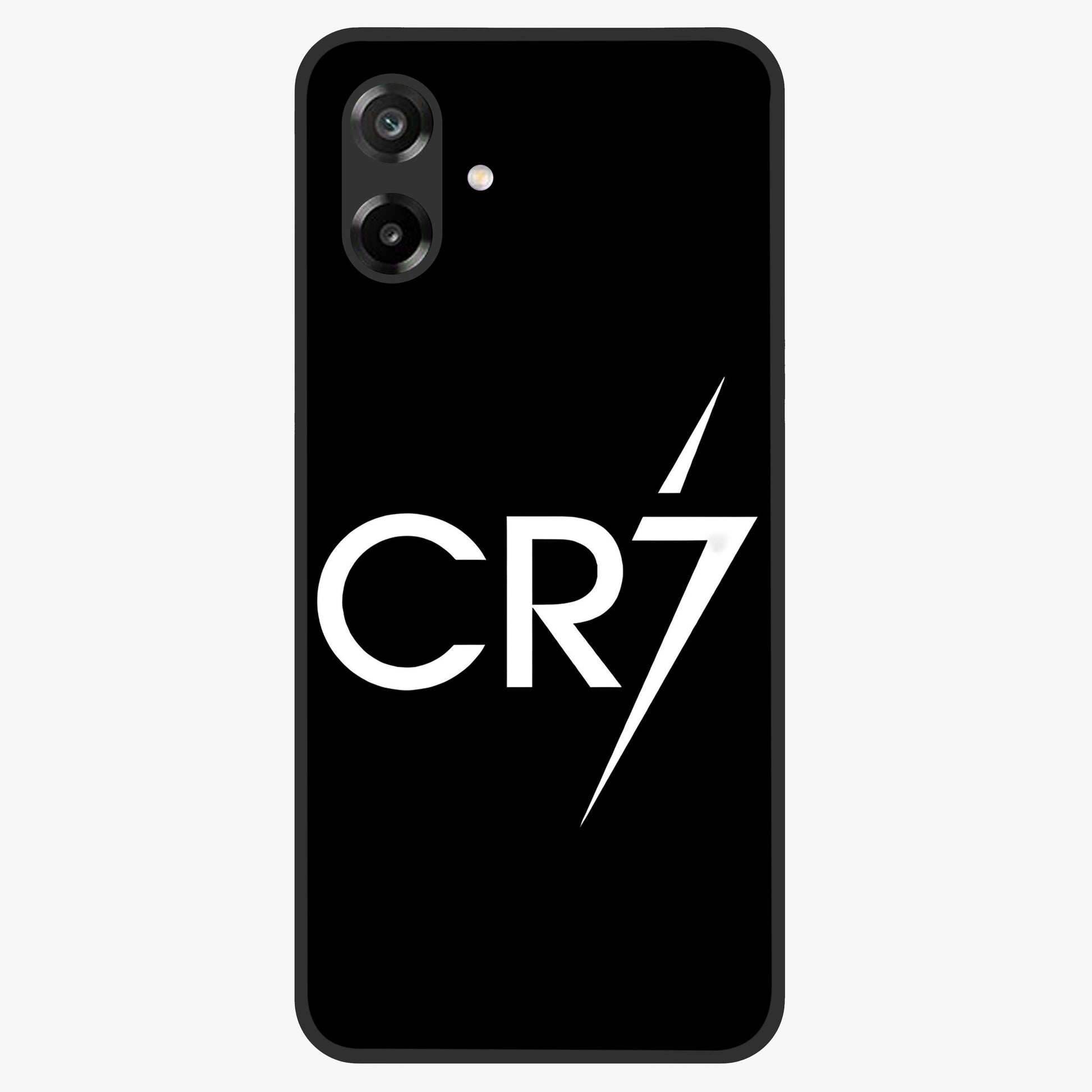 Cr7 Elite Strike Glass Case showing flat back view with dynamic football inspired artwork and glossy glass finish.