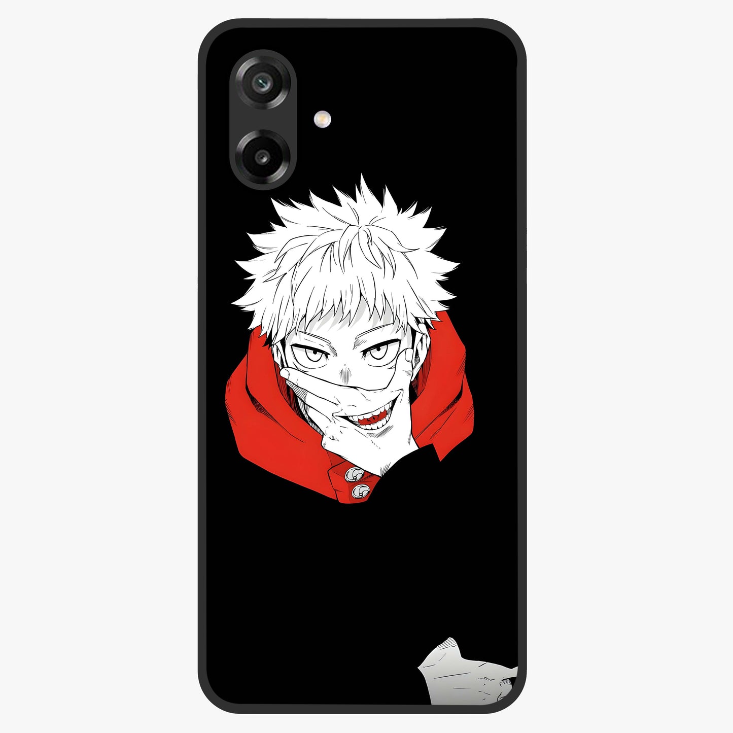 Crimson Chaos Smile Glass Case showing flat back view with bold chaotic smile artwork and glossy glass finish.
