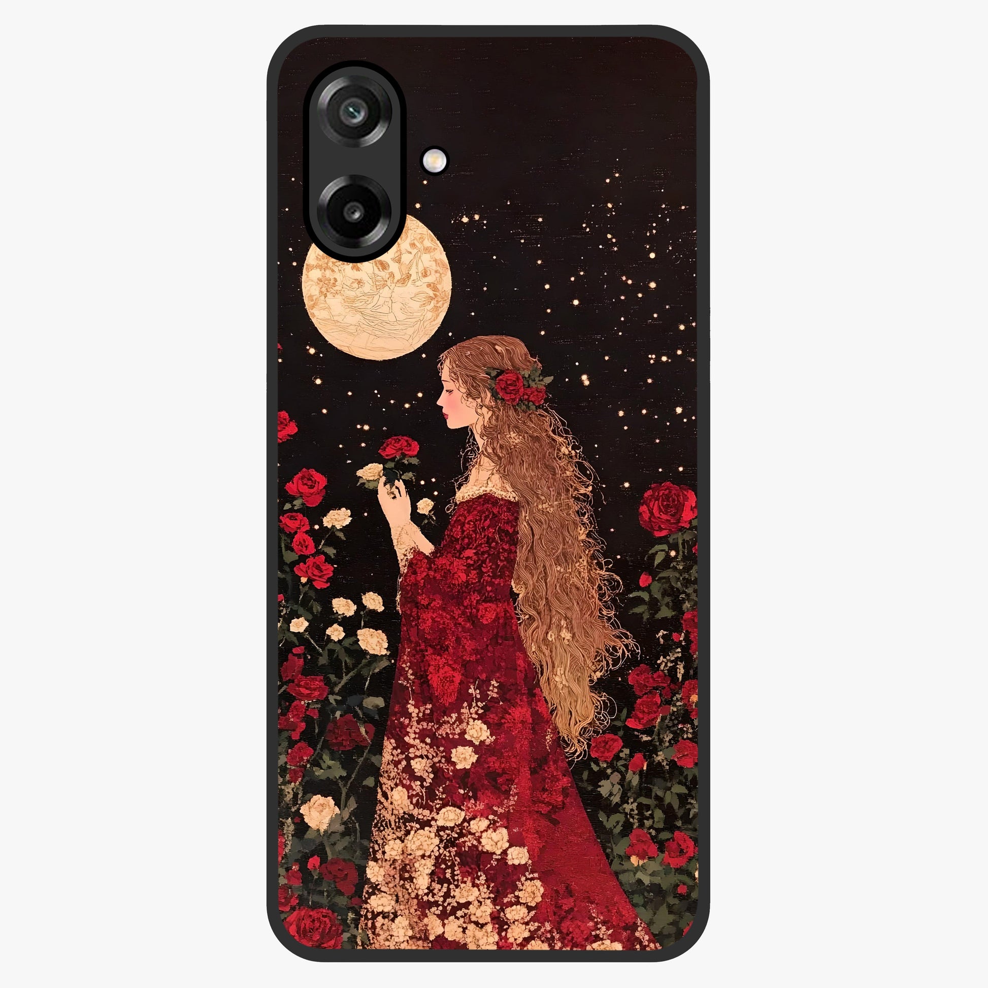 Crimson Dreams Glass Case showing flat back view with dreamy crimson artwork and glossy glass finish.