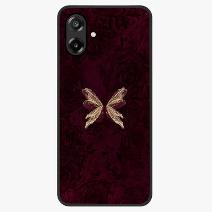 Crimson Fade Butterfly Glass Case showing flat back view with fading butterfly artwork and glossy glass finish.