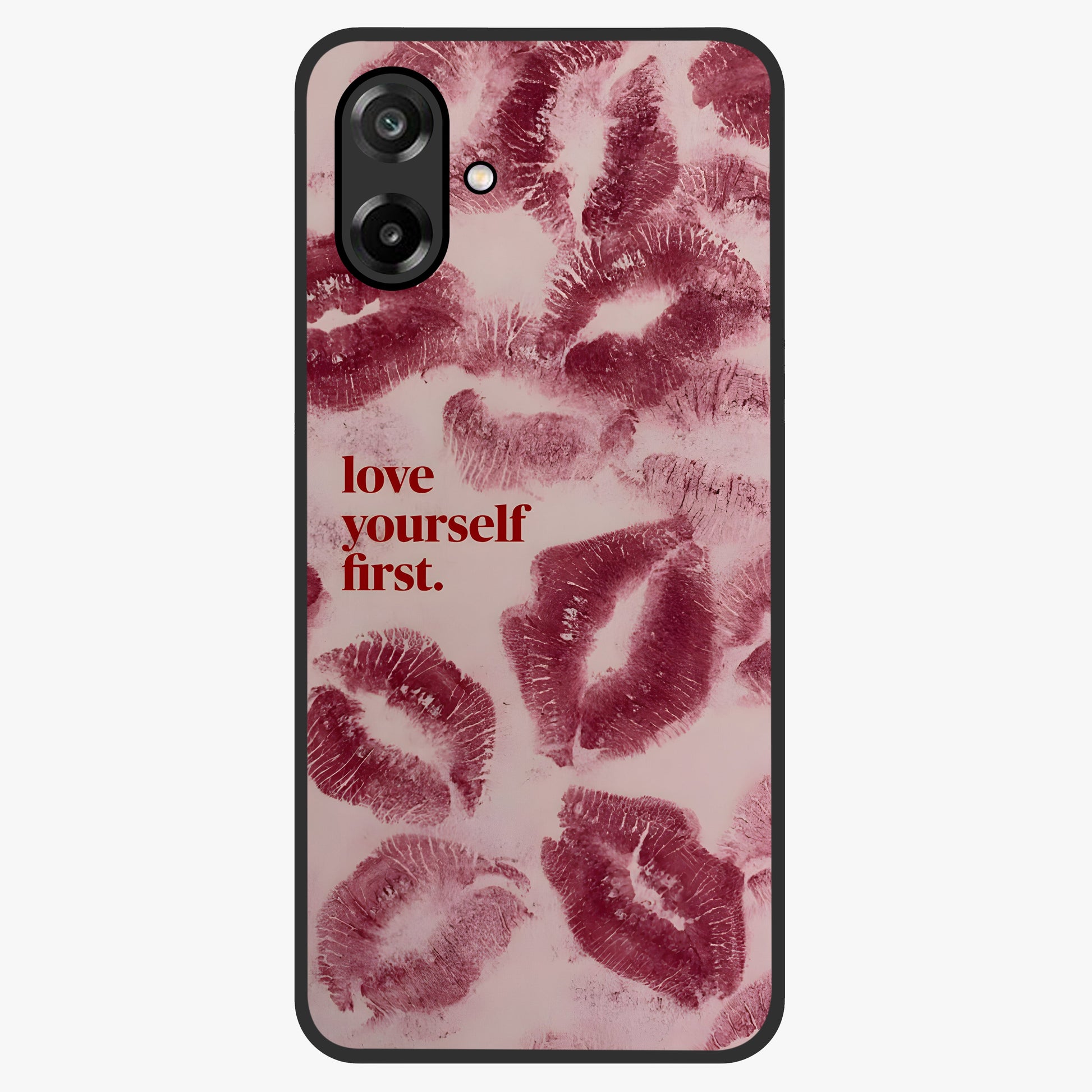 Crimson Kiss Love Glass Case showing flat back view with romantic crimson themed artwork and glossy glass finish.