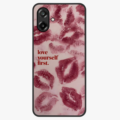 Crimson Kiss Love Glass Case showing flat back view with romantic crimson themed artwork and glossy glass finish.