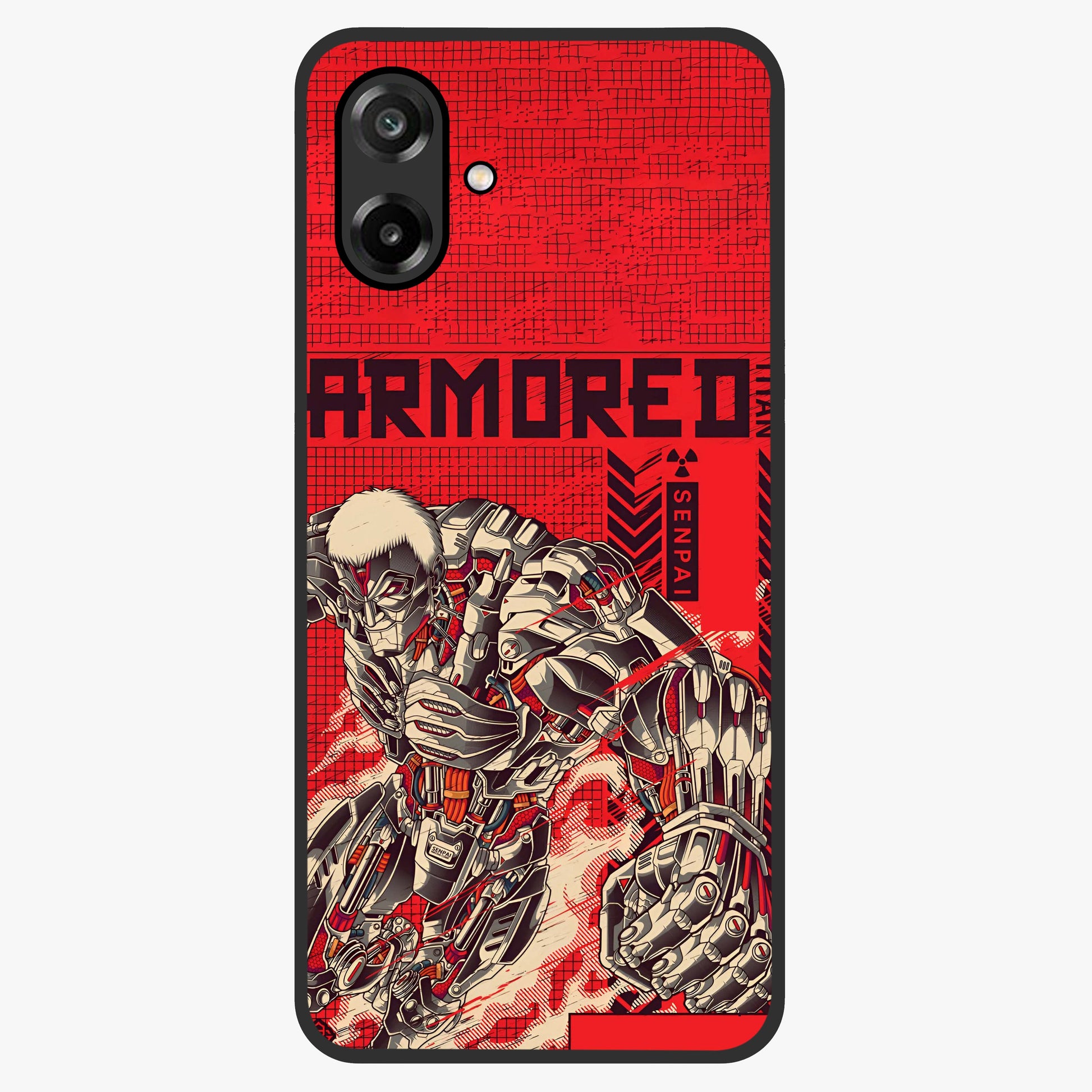 Crimson Mecha Titan Glass Case showing flat back view with powerful mech titan artwork and glossy glass finish.