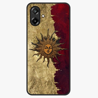 Crimson Sun Majesty Glass Case showing flat back view with radiant sun inspired artwork and glossy glass finish.