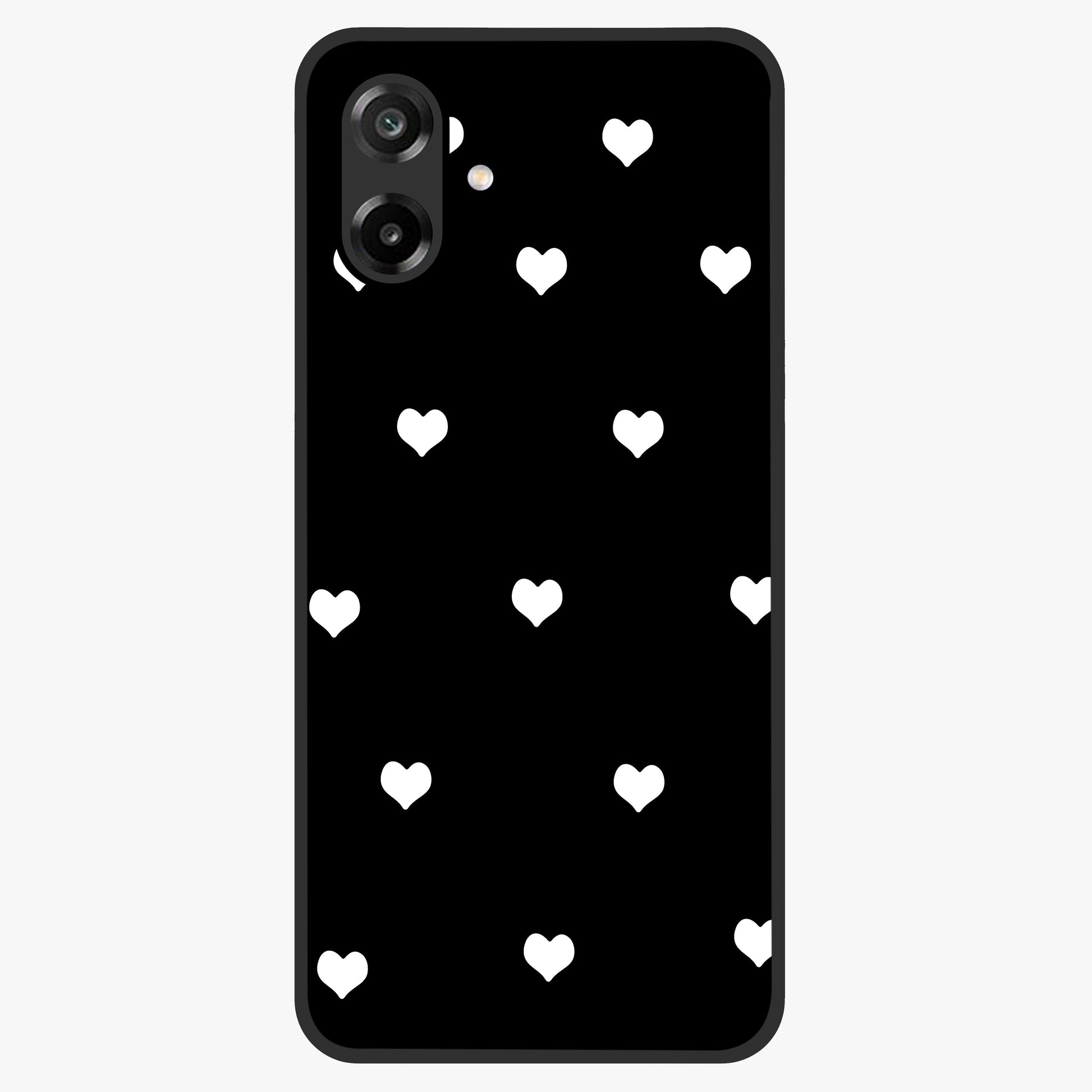 Cute And Simple White Hearts Glass Case showing flat back view with minimal white heart pattern and glossy glass finish.