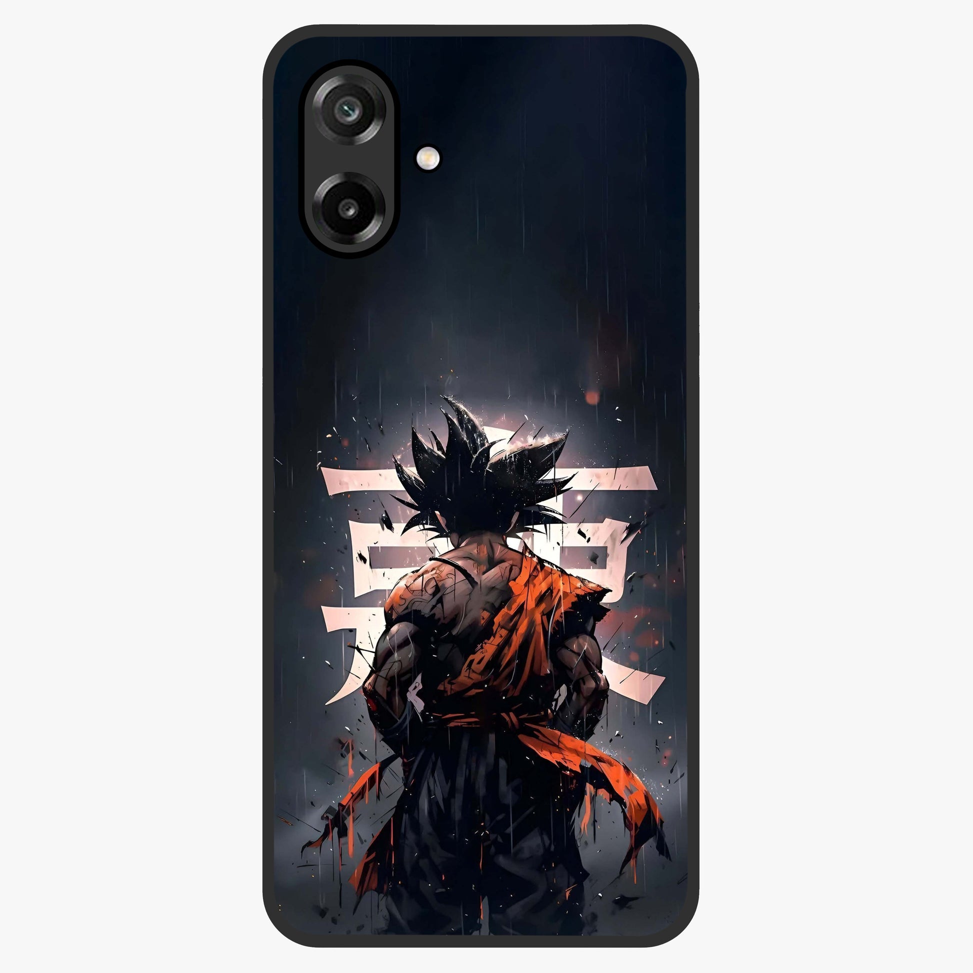 Dark Warrior In Rain Glass Case showing flat back view with warrior artwork in rainy atmosphere and glossy glass finish.