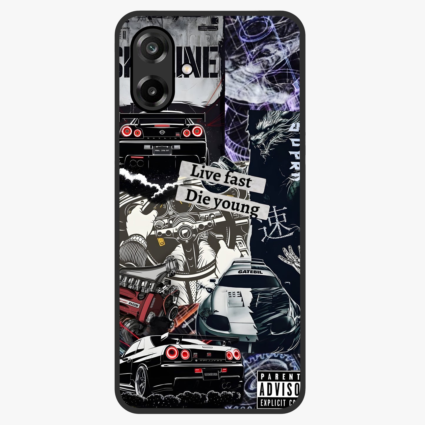 Die Young Glass Case showing flat back view with bold artistic typography design and glossy glass finish.