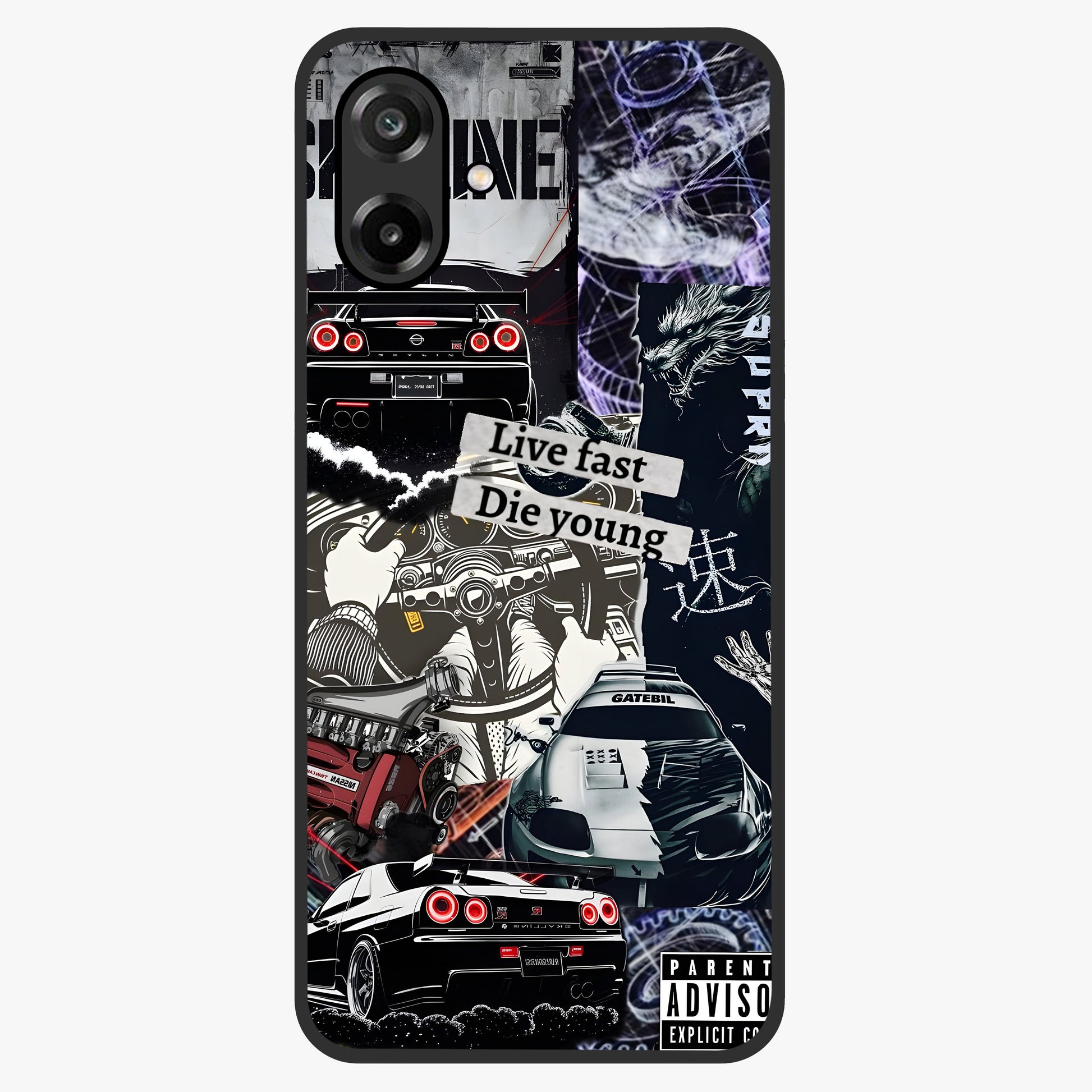 Die Young Glass Case showing flat back view with bold artistic typography design and glossy glass finish.