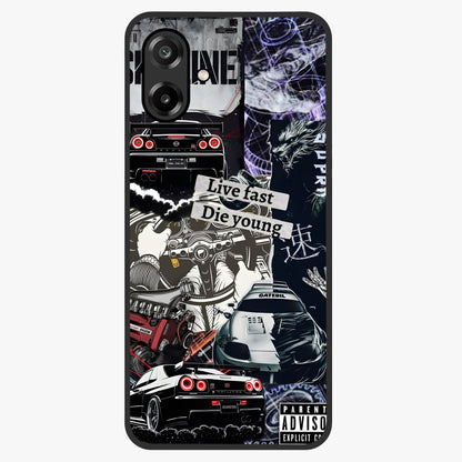 Die Young Glass Case showing flat back view with bold artistic typography design and glossy glass finish.