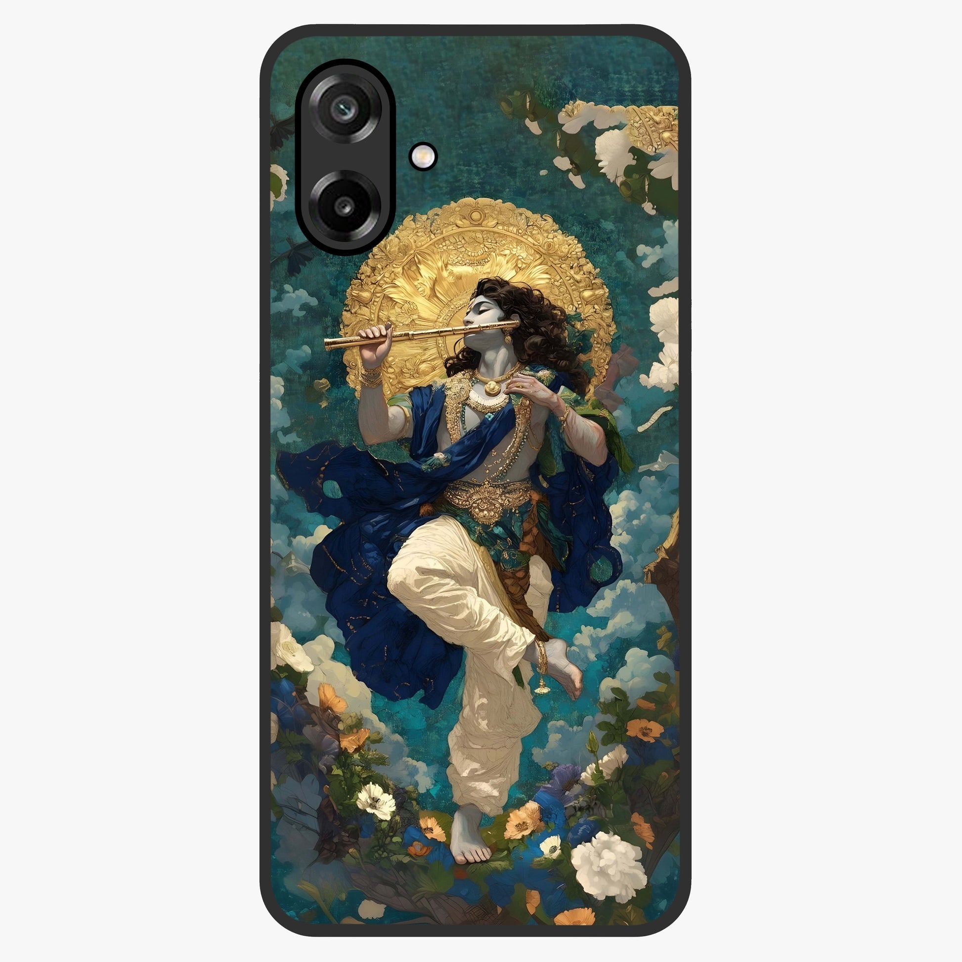 Divine Krishna Art Glass Case showing flat back view with Lord Krishna artwork and glossy glass finish.
